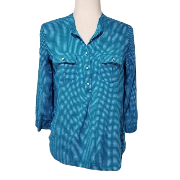 STYLUS Tops - Stylus Blouse Women Size Small Blue White Polka Dot Pearl Button Long Sleeve Top